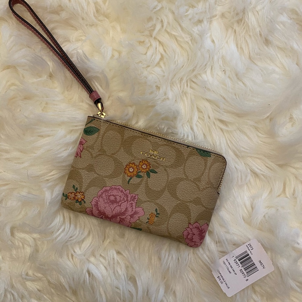 Coach Corner Zip Floral Signature Canvas Wristlet